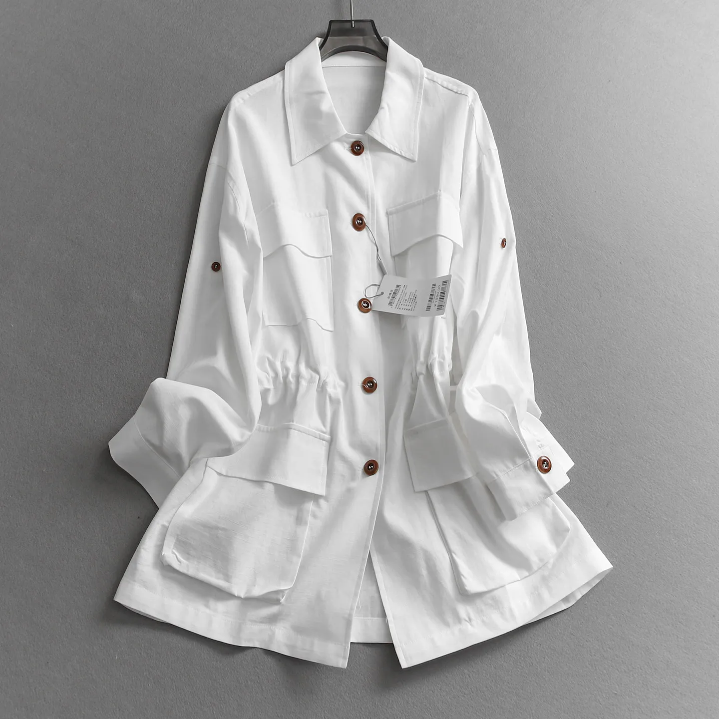 

SuperAen Linen Solid Color Drawstring Waist Slimming Polo Collar Mid-length Coat Long Sleeves Casual Women's Coats