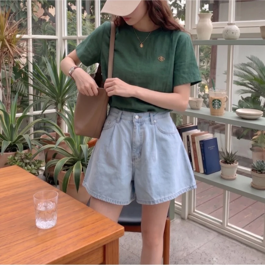 

Summer 2026 High Waist Button Pure Color Denim Short Pants Korean Style Casual Fashion Versatile Shorts for Women Cotton 100%