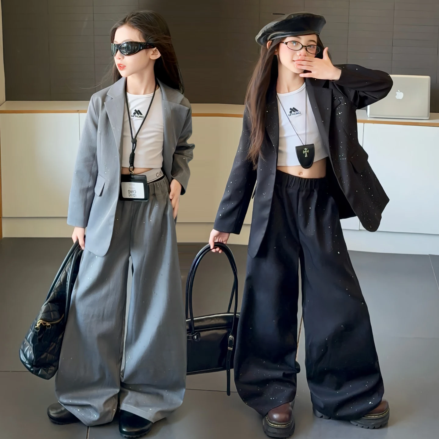 

autumn teen girls shining Suit set Blazer jacket+wide-leg pants 2pcs junior kids coat pants suit child clothes outfits 4-14