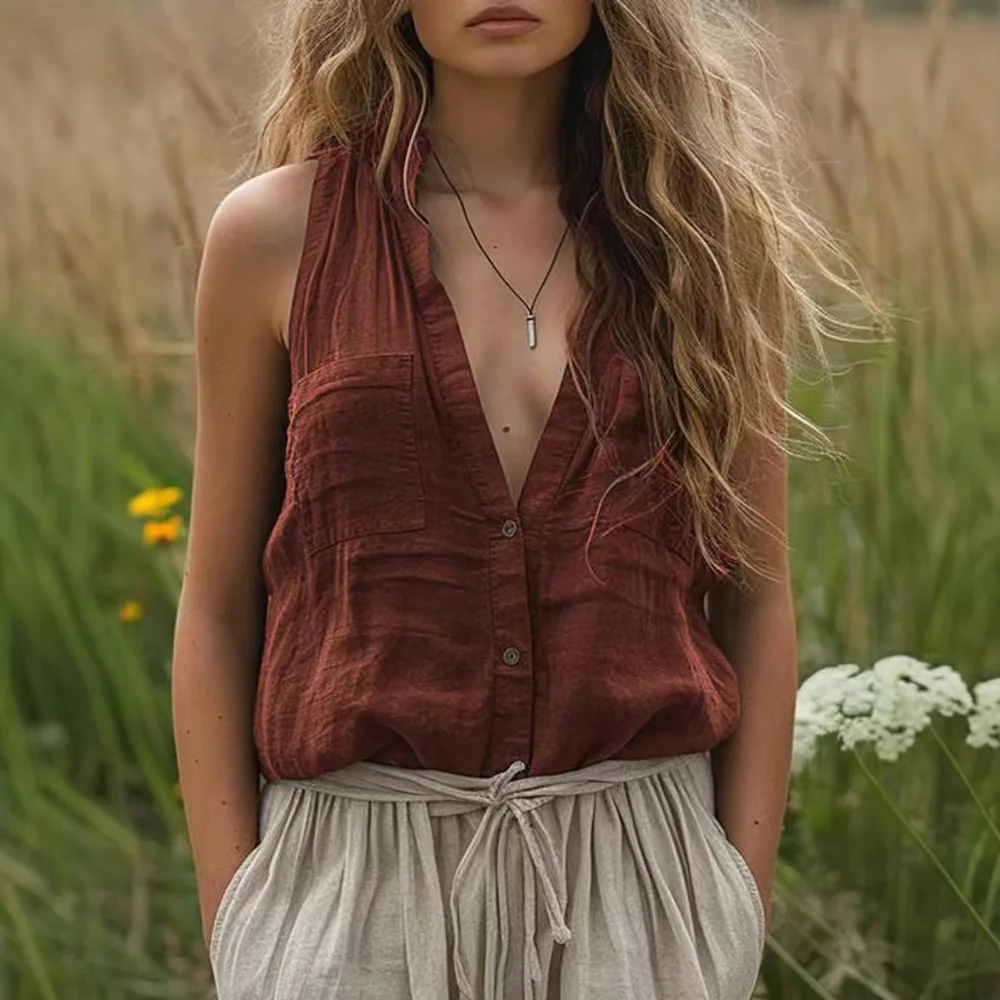 

2025 Women New Sring Summer Blouse Casual Loose Fashionable Sleeveless Cotton Linen Solid Color V-neck Pocket Vest Shirt Woman