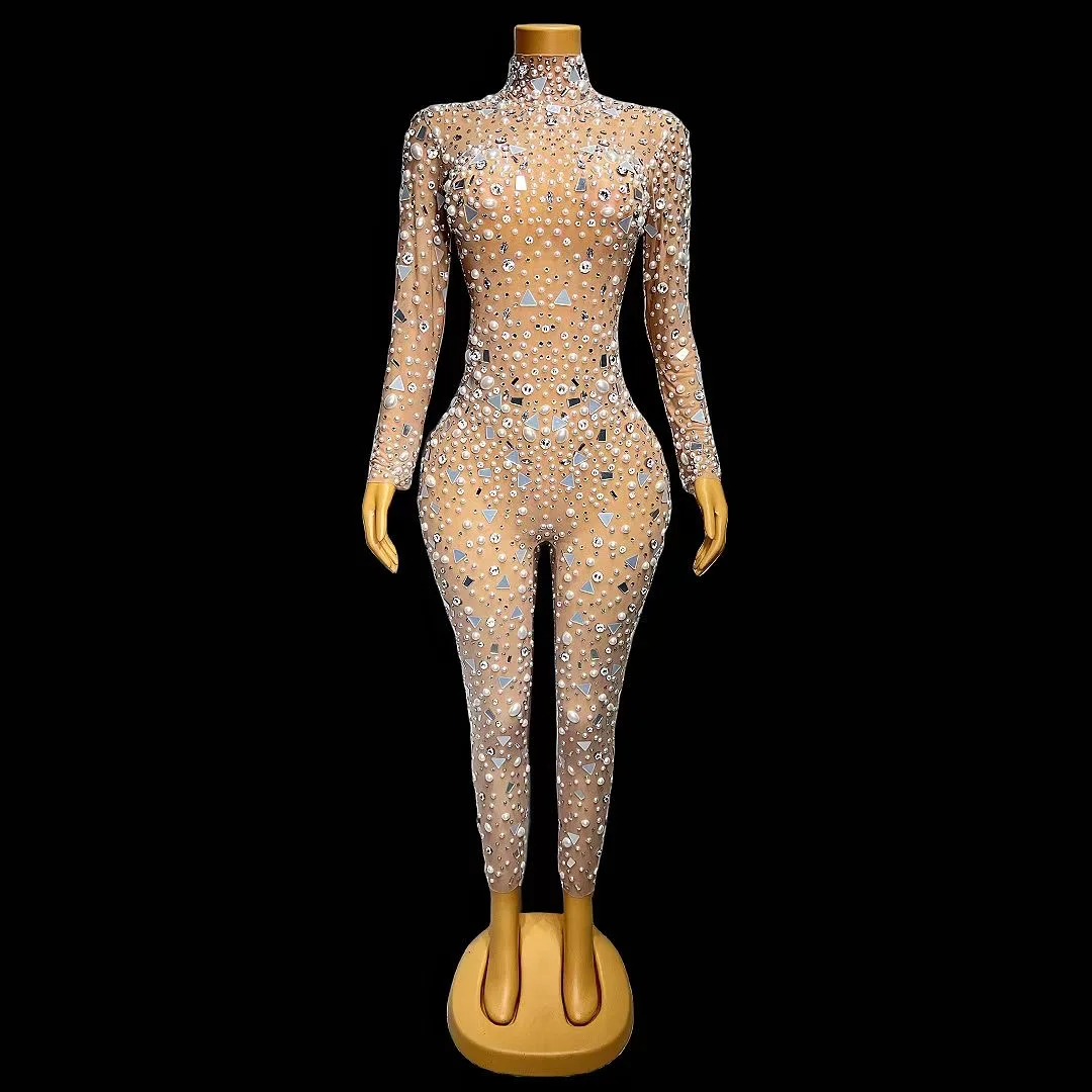 Sparkly AB Crystals Mesh Jumpsuit Sexy See through Rhinestones Bodysuit Rompers for Stage Birthday Dance Evening Outfit