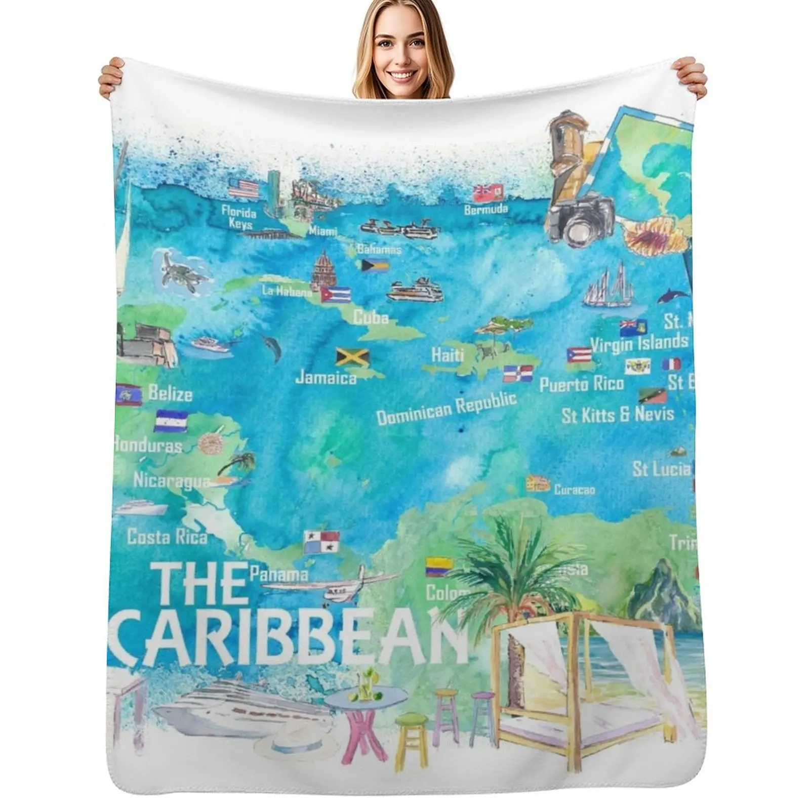 

Eastern and Western Caribbean Illustrated Travel Map with Landmarks Highlights and Impressions Throw Blanket bed plaid Blankets