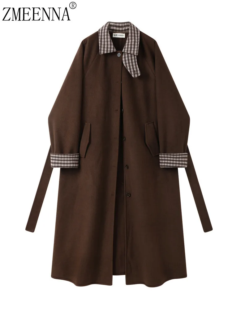 

ZMEENNA Womens Chocolate Brown Wool Blend Long Coat Checkered Contrast Collar Single Breasted Tie Waist Winter Outerwear ZM4682