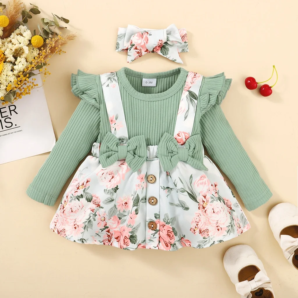 2PCS Newborn Baby Girl Clothes Long Sleeve Bodysuit Flower Dress+Headband Cute Fall Outfits for Infant Girl 0-18 Months