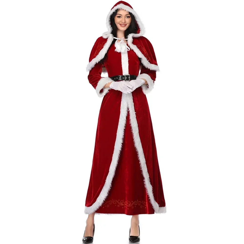 Costume cosplay di Babbo Natale di Natale Velluto rosso Lady Elegante abito lungo Natale Carnevale Festa Capodanno Prestazioni per donna