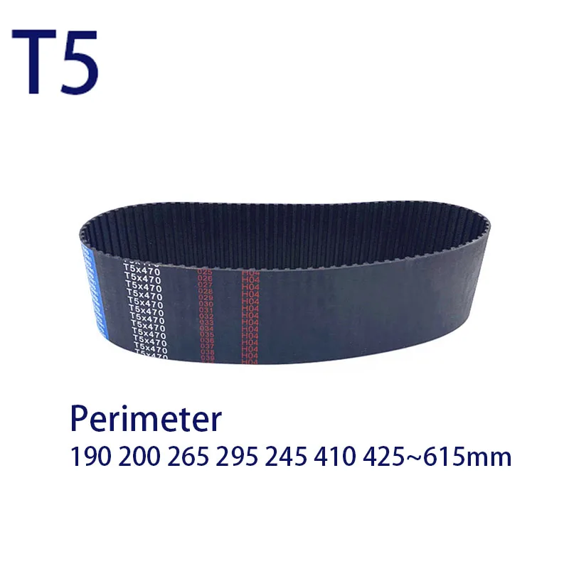 T5 Timing Belt Rubber Closed Loop Width 10mm 15mm 20mm 25mm Length Perimeter 190 200 265 295 245 410 425~615mm Pitch 5mm