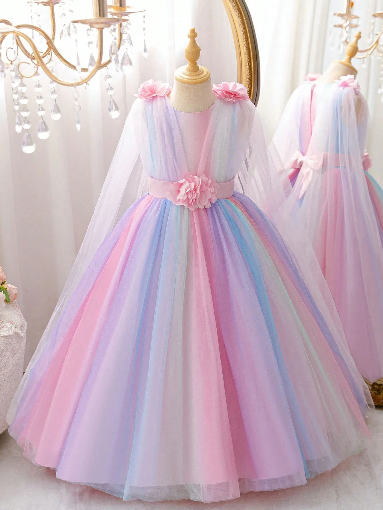 

Длинное платье для взрослых с градиентной радужной расцветкой, пышными рукавами из тюля и 3D-цветочным декором