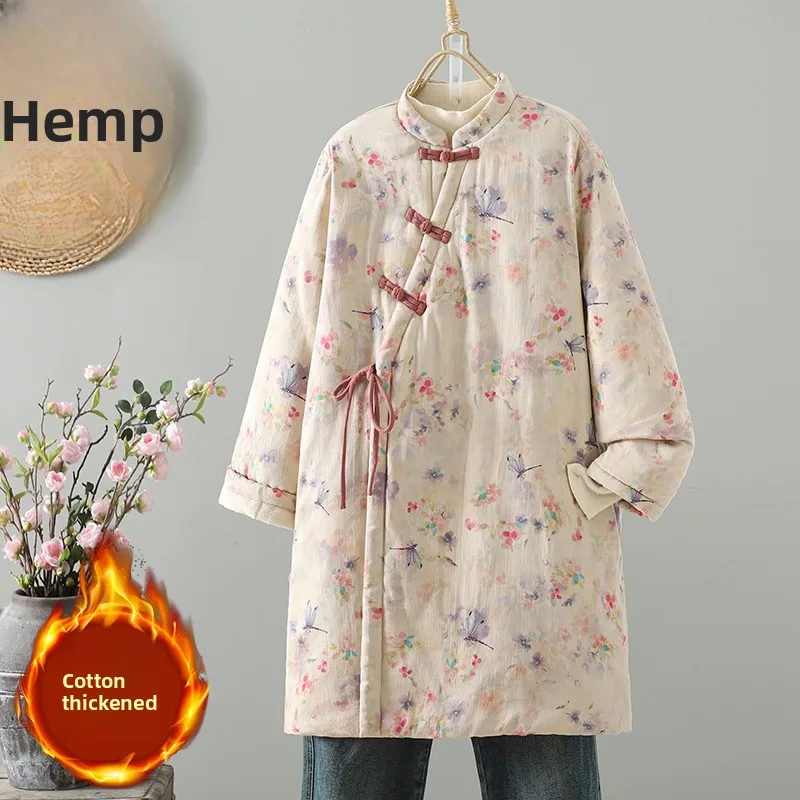 

High-End Handmade Chinese Style Thickened Cotton Jacket Women's Long Coat with Button Warm Robe Winter Fashion Commute
