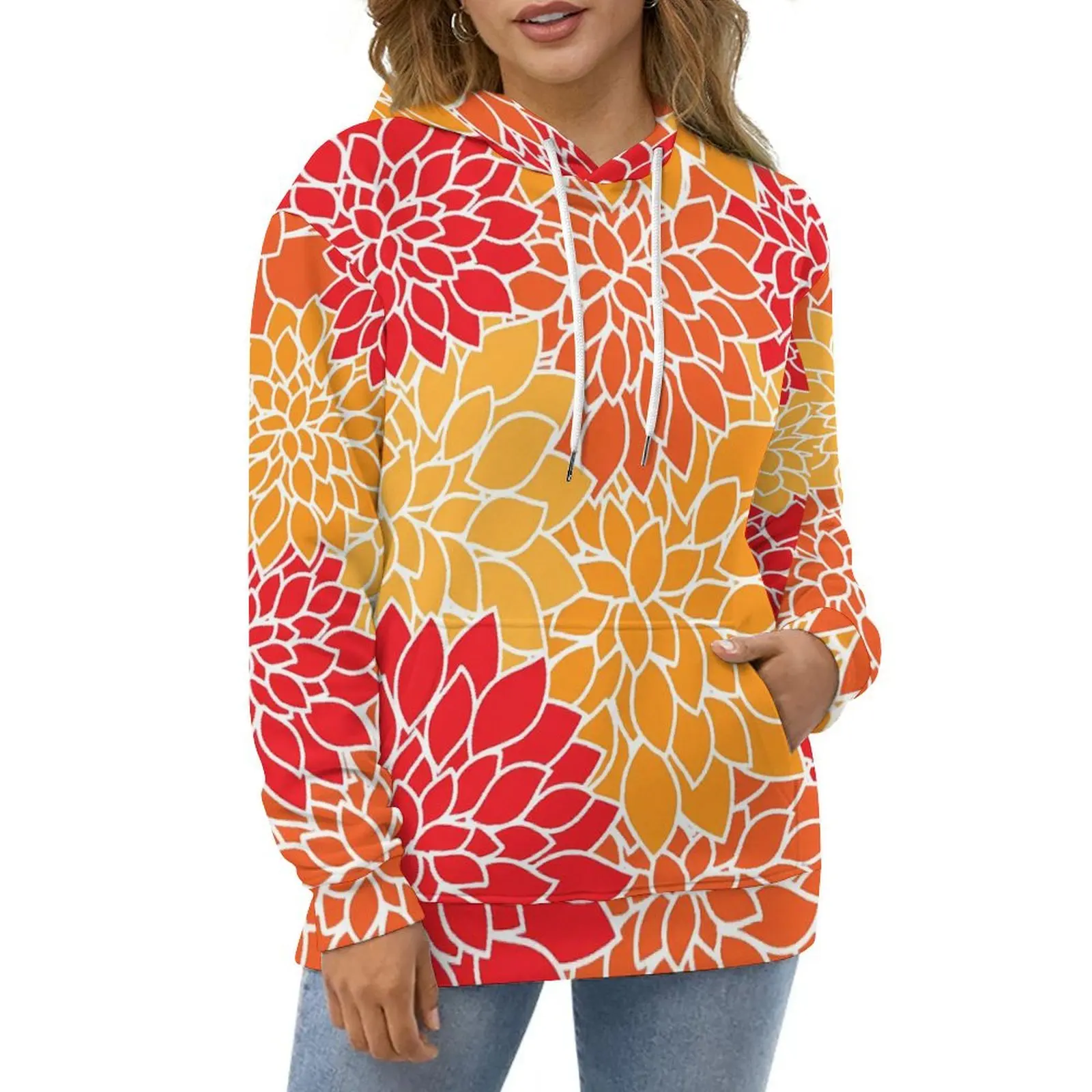 

Retro Floral Print Hoodies Yellow Orange and Red Street Fashion Casual Hoodie Long-Sleeve Cool Printed Sweatshirts Gift