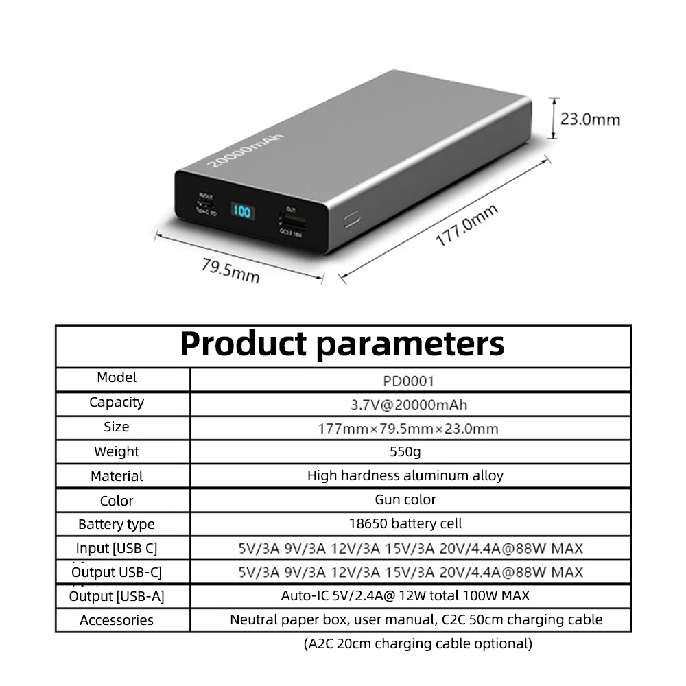 Two Way PD88W 20000mah 18650battery Full Protocol Aluminum Shell With Low Current Mode Digital Display Fast Charge Power Bank