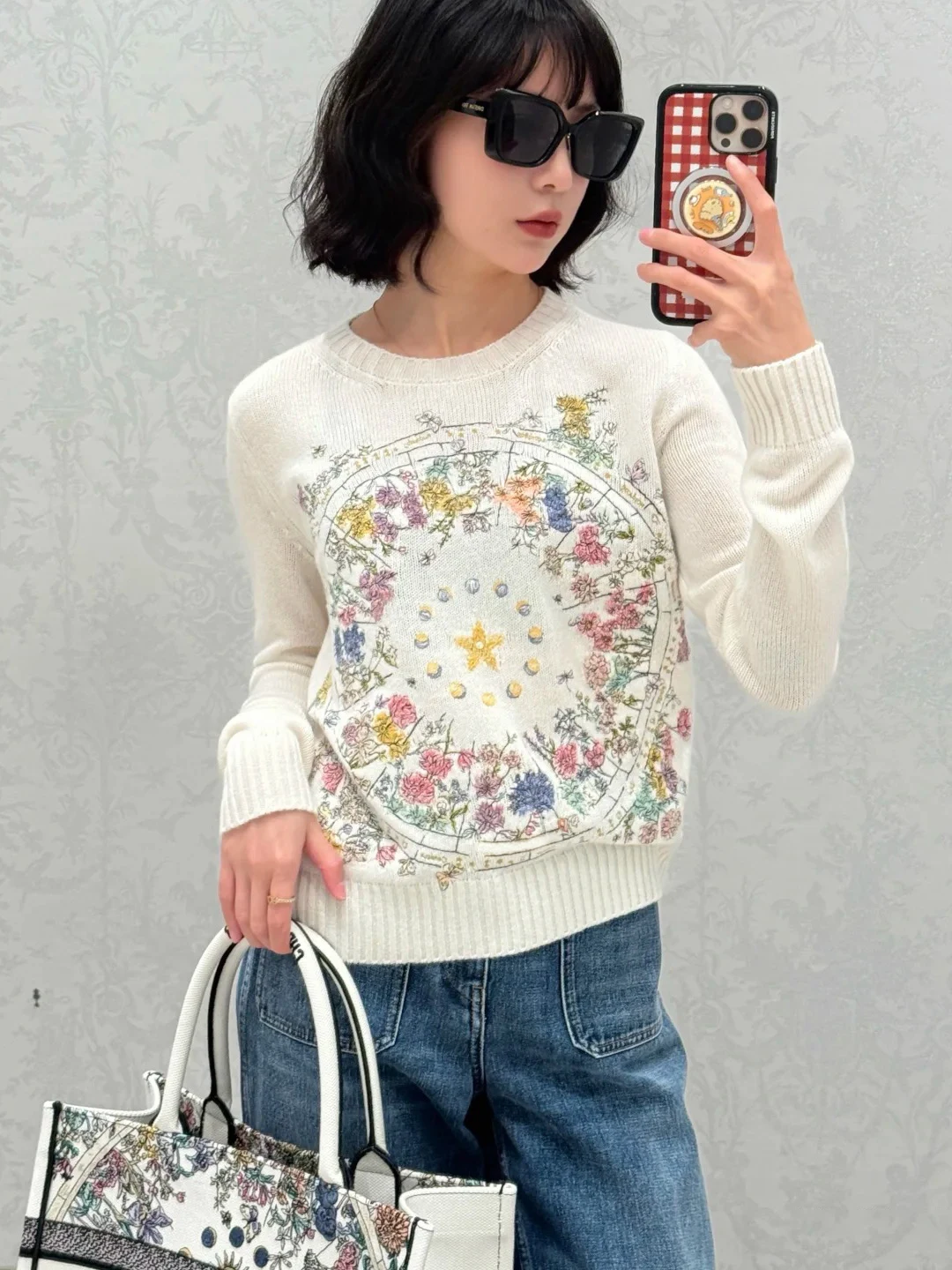 سترة نسائية ثقيلة مطرزة على شكل كوكبة زهور من Lucky Star ورقبة دائرية وأكمام طويلة، سترة أوائل الخريف