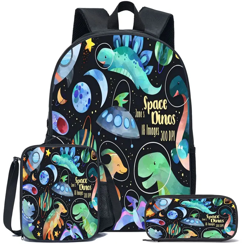 Space Dinosaur Print Pattern Backpack, Cool and Personalized Three-Piece School Bag for Boys