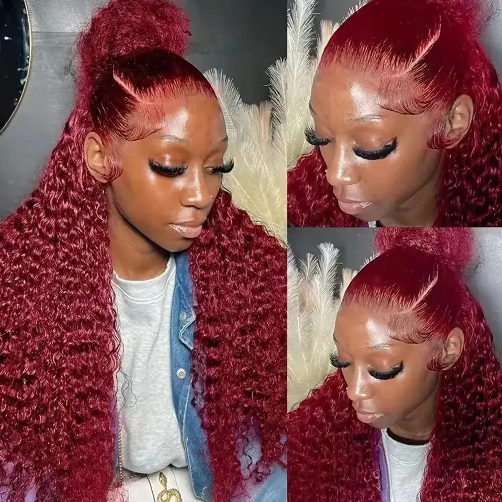 Burgundy Human Hair Wigs 40 Inches 200% Density 13x6 13x4 HD Transparent Invisible Lace Frontal Wig Deep Wave Wine Red 99J Brazilian Hair Pre Plucked Pre Cut Lace Pre Bleached Knots Pre Styled For Women