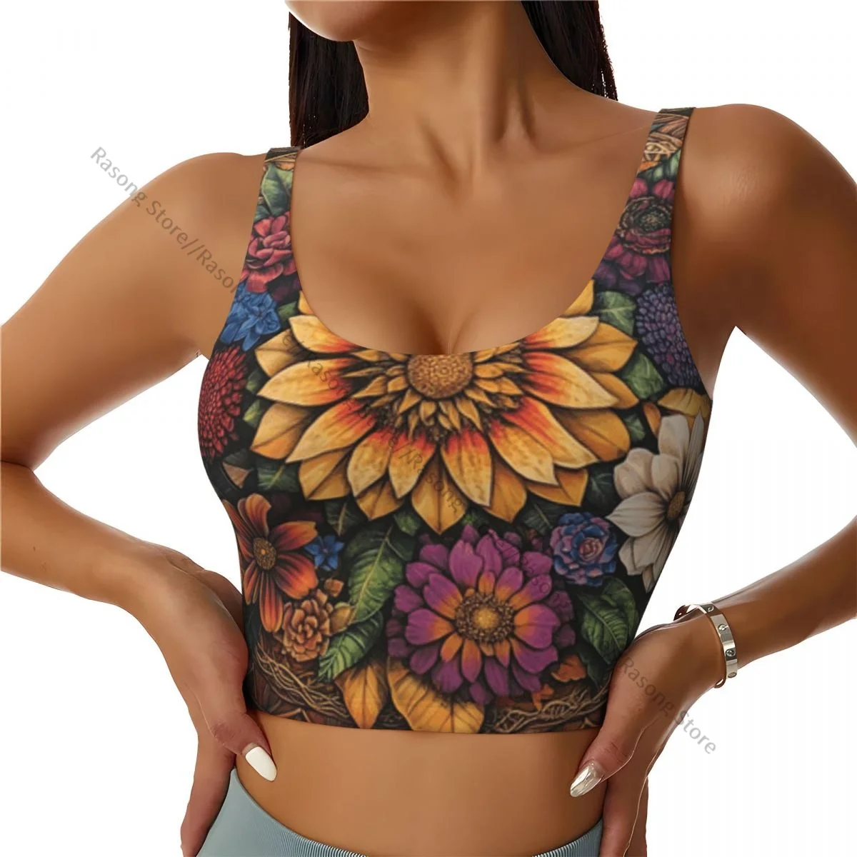 Women Sexy Sports Vest Colorful Flowers In Circle Female Streetwear Sport Lingerie Tee Crop Top