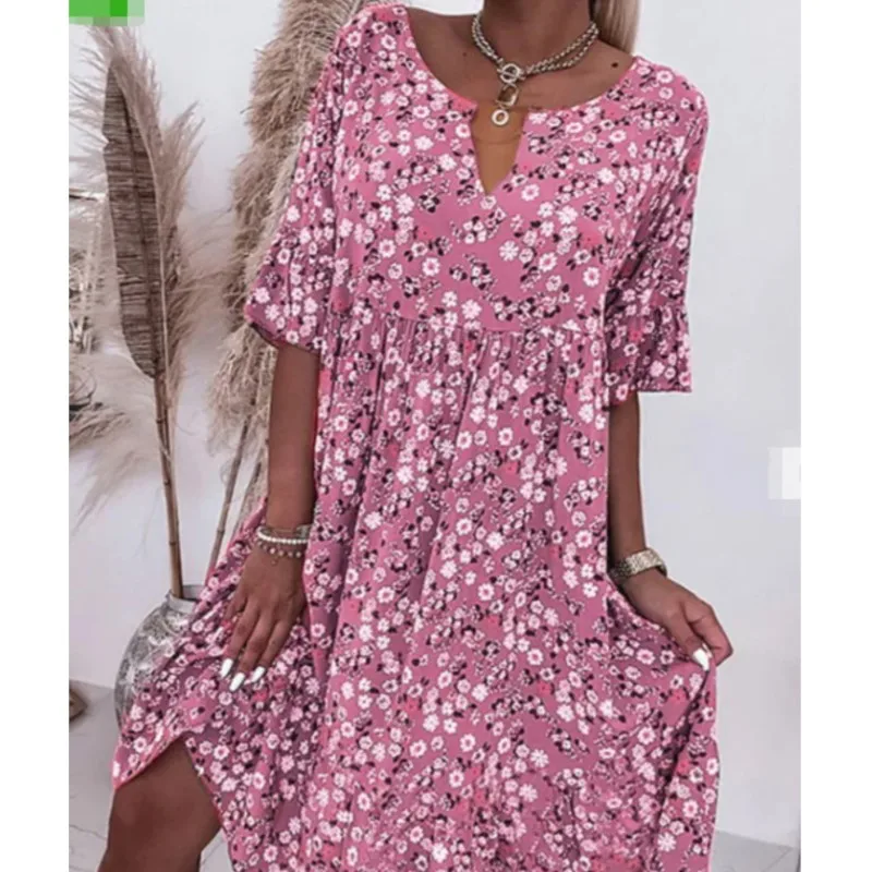 Vestido de media manga con estampado Floral para mujer, traje holgado hasta la rodilla con cuello en V, moda de verano, 2024