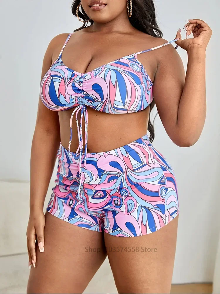 Women's oversized printed bikini, 3-piece swimsuit, front lace kimono, beach clothing