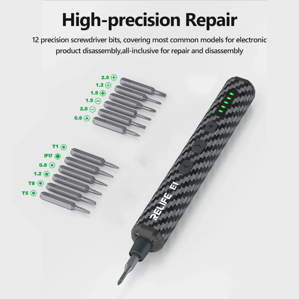 RELIFE E1 Carbon Fiber Electric Screwdriver Set Supports IP17 Disassembly for Phone Tablet Repair Quick Screw Removal Tools