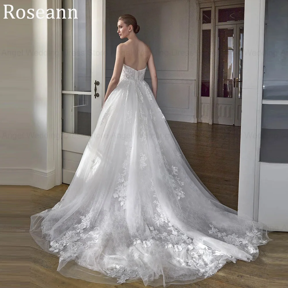 Maßgeschneiderte Luxus-Brautkleider, A-Linie, trägerlos, rückenfrei, Reißverschluss, Spitze, Applikationen, lange Brautkleider, Sweep-Zug, Vestido de Novia