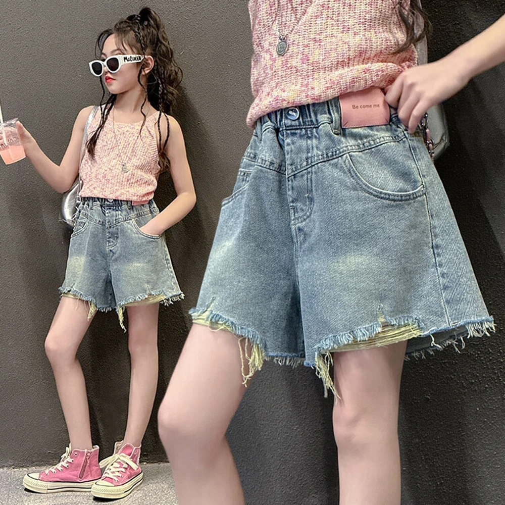 Teen Girls Ripped Shorts With Hole New Arrivals Fashion Summer Elastic Waist Cotton Destroy Denim Half Pants School Kids 5-15Y