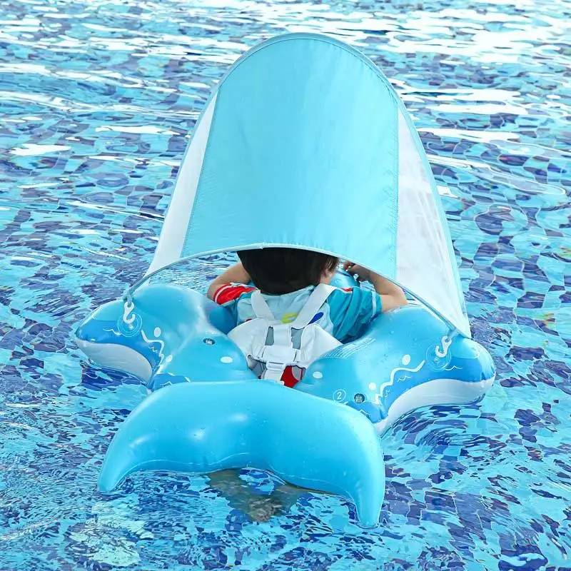 Flotador de piscina para bebé, flotador de natación portátil respetuoso con la piel, anillo plegable divertido con forma de tiburón con sombra para nadar al aire libre en el patio trasero