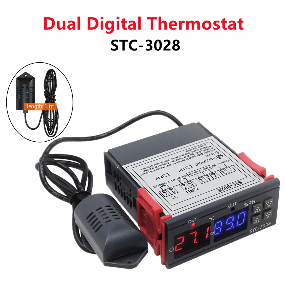 Termostato Digital Duplo para Controle de Temperatura e Umidade Termômetro e Higrômetro Controlador Incubadora ac 220v dc 12v 24v Stc3028