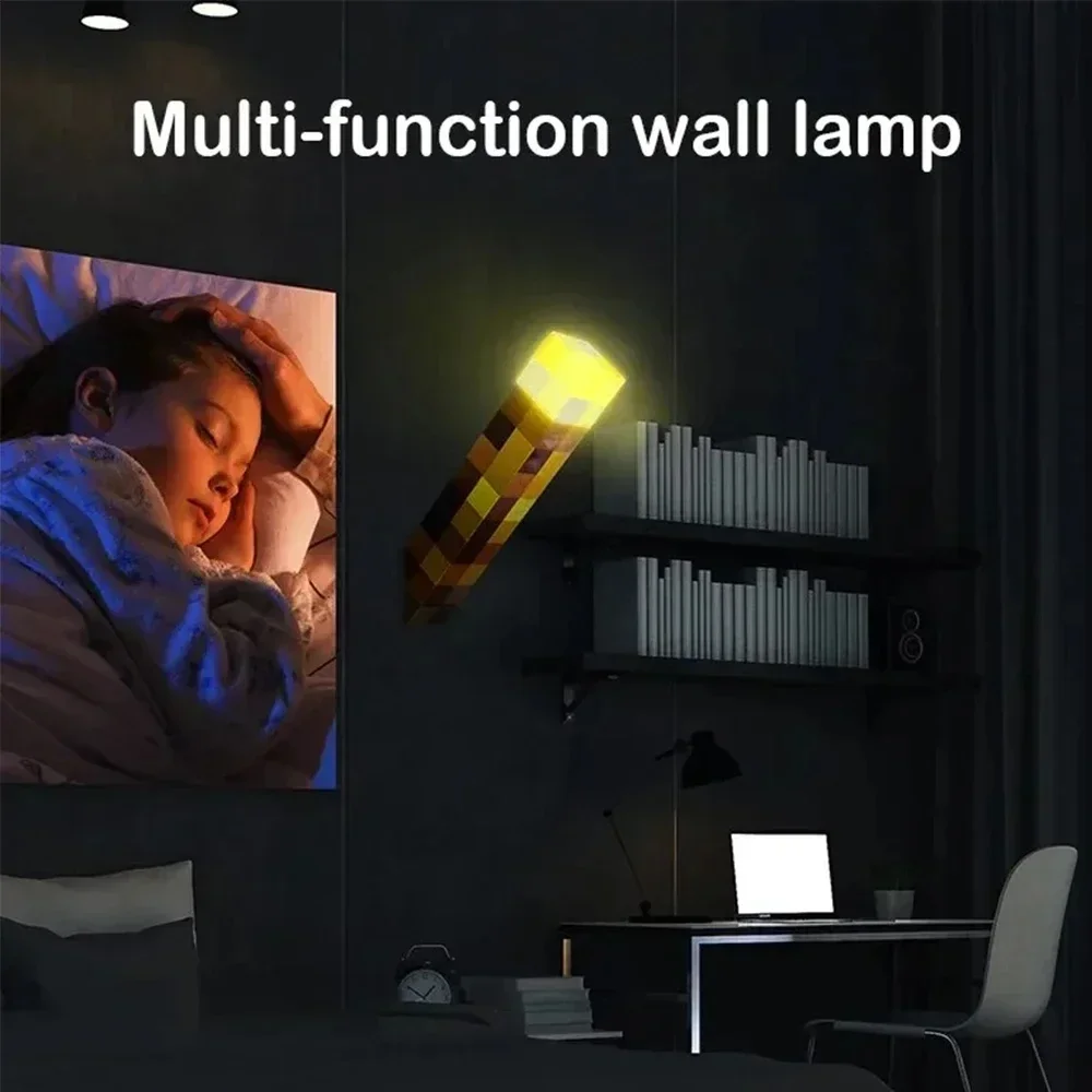 MC Game Torch Light Brownstone LED Night Light USB Rechargeable Bedroom Decoration Table Lamp Gift Lamp for Kids Bedside Lamp