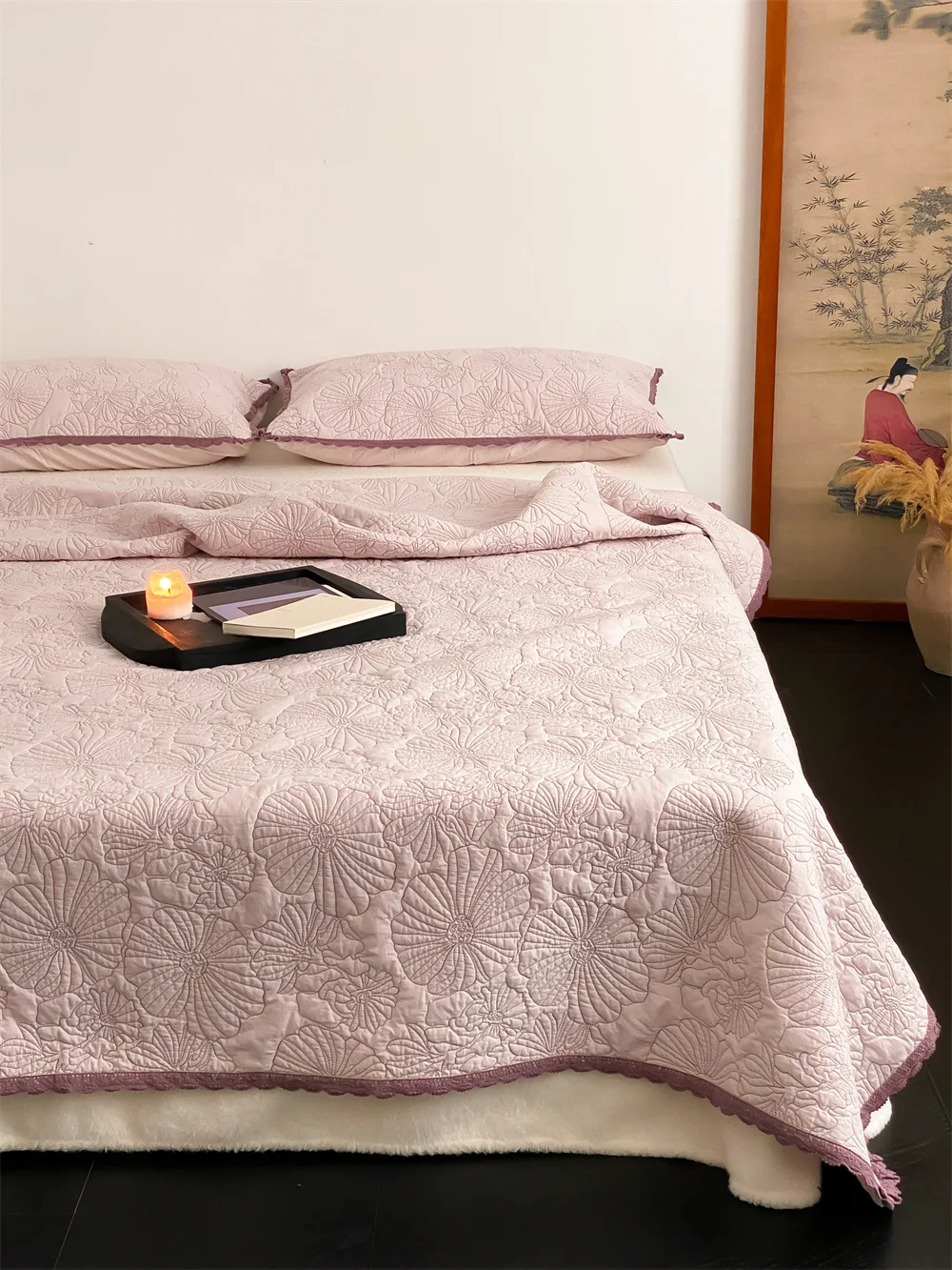 100% Cotton Heavyweight Quilted Bedspread 3Pc Set - Non-Slip Fitted Sheet, Summer Quilt Coverlet, Simple Stylish All-Season