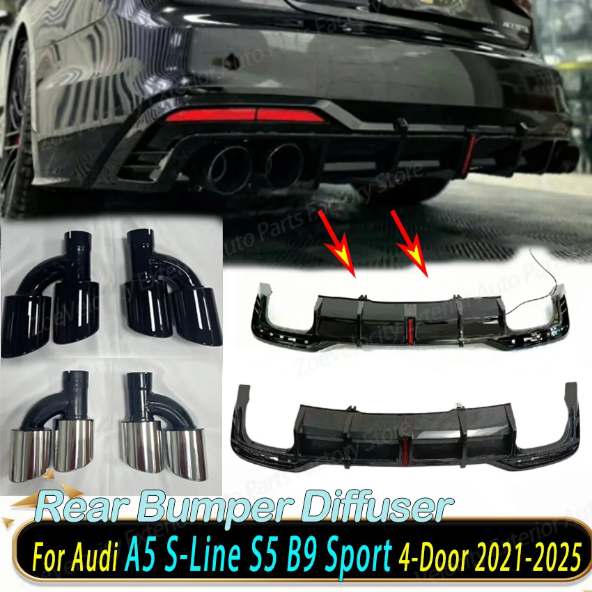 Rear Bumper Diffuser for Audi A5 S-Line S5 B9 Sport 4-Door 2021-2025 Rear Exhaust Pipe Car Spoiler Splitter Body Kit Tuning