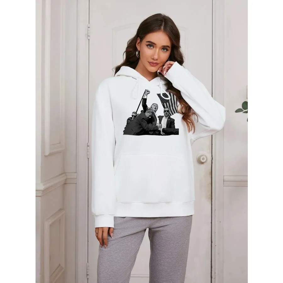 Basic Women Casual Hooded Sweatshirt Autumn Winter Padded Long Sleeve Black White Printed Oversize Top