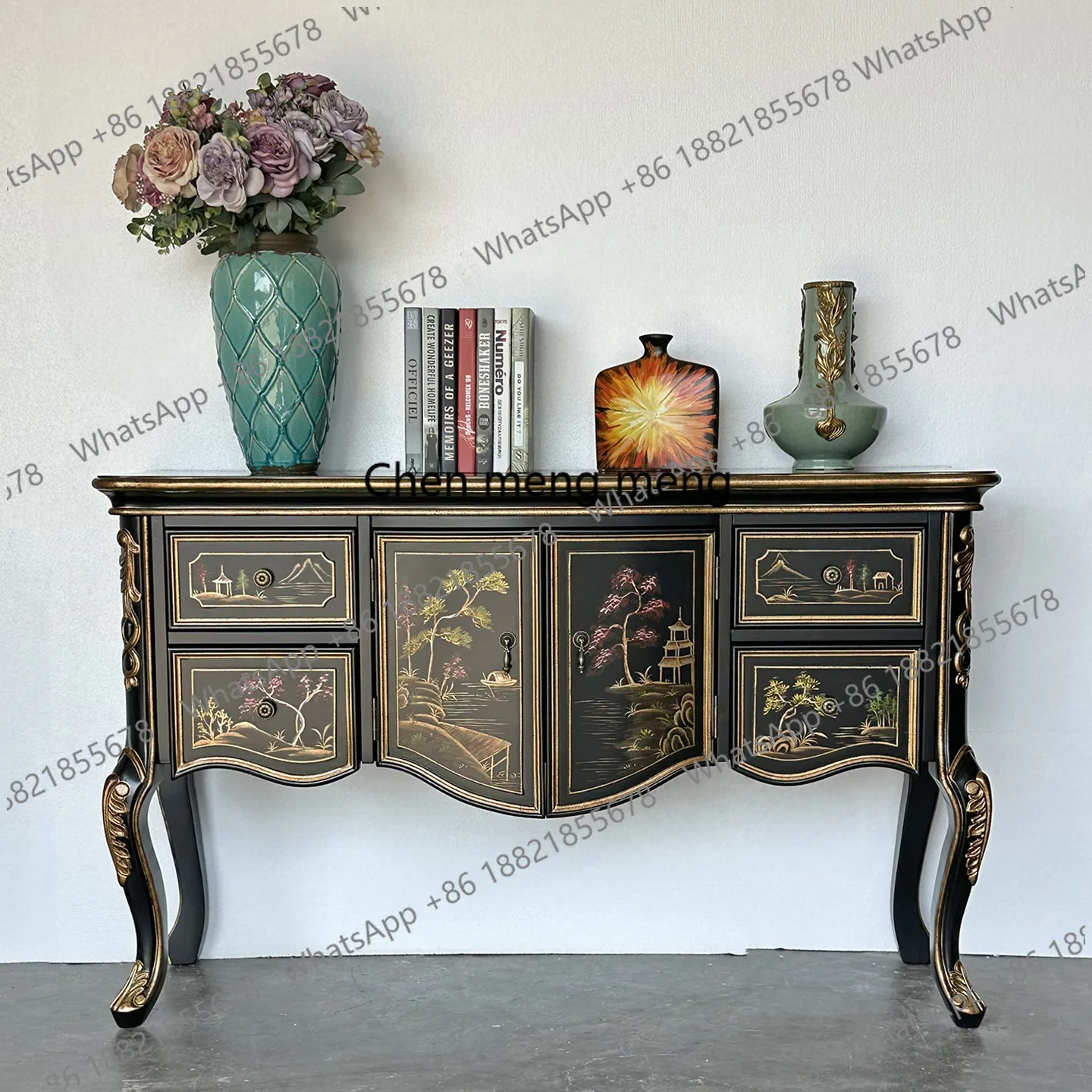 

American porch cabinet retro carved living room decorative cabinet French hand-painted dining side cabinet