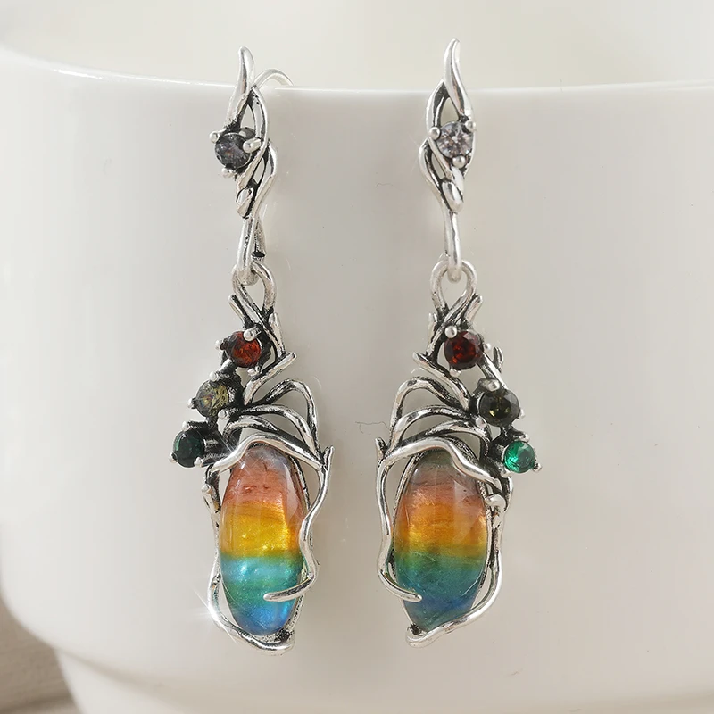 Bohemian Retro Style Synthetic Opal Dangle Hook Earrings Silvery Color Hollow Plants Earring For Women Elegant Jewelry