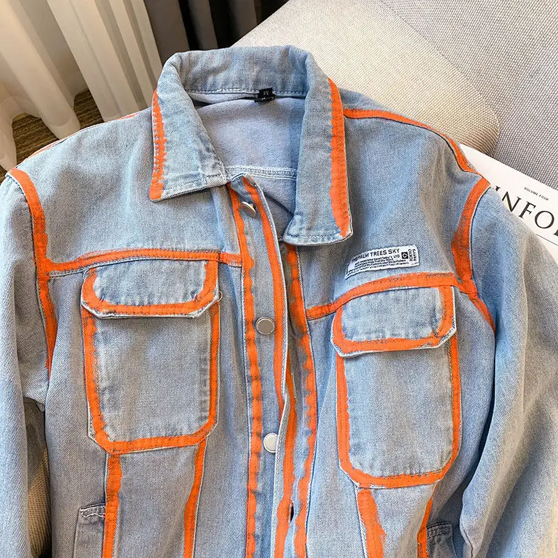 Retro ผู้หญิงลาย Graffiti Contrasting สี DENIM แจ็คเก็ตฤดูใบไม้ผลิฤดูใบไม้ร่วงมือทาสีกางเกงยีนส์ PLUS ขนาดคาวบอยเสื้อสเวตเตอร์ถัก