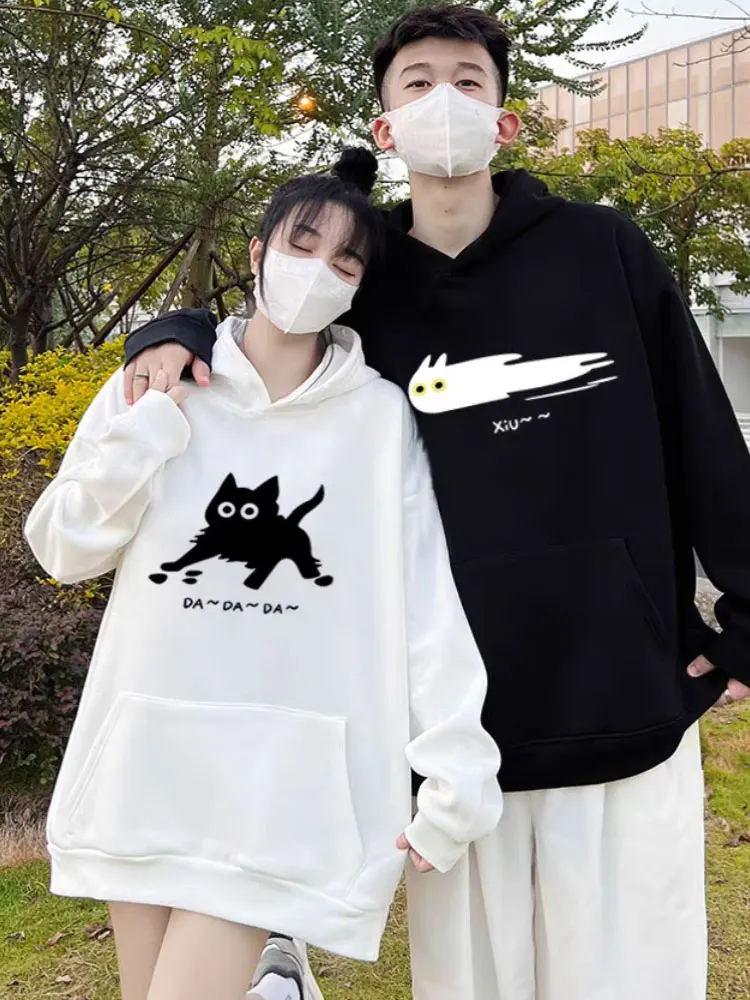 Amusing Flying Cat Print Autumn Pullover Women Men Hooded Hoodies Tops 600g Cotton Long Sleeve Sweatshirt For Couple Clothes