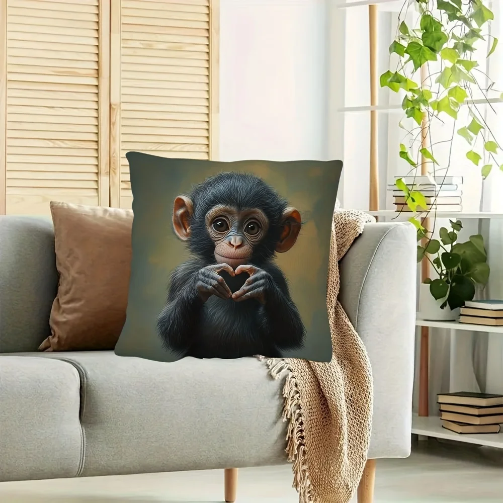 1pc Cute Chimpanzee Heart Hands Pillow Cover, Polyester 2D Double-Sided Print, Adorable Baby Chimp Love Sign Art, Wildlife Lover