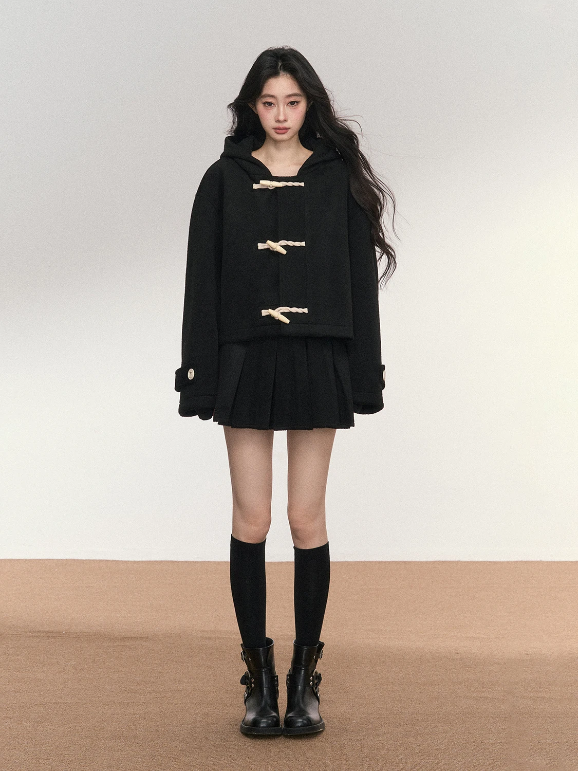 

Женское шерстяное пальто PUNCH Winter Faion с капюшоном и роговицами на пуговицах Ele ort Sle для студенческого сенсорного наряда