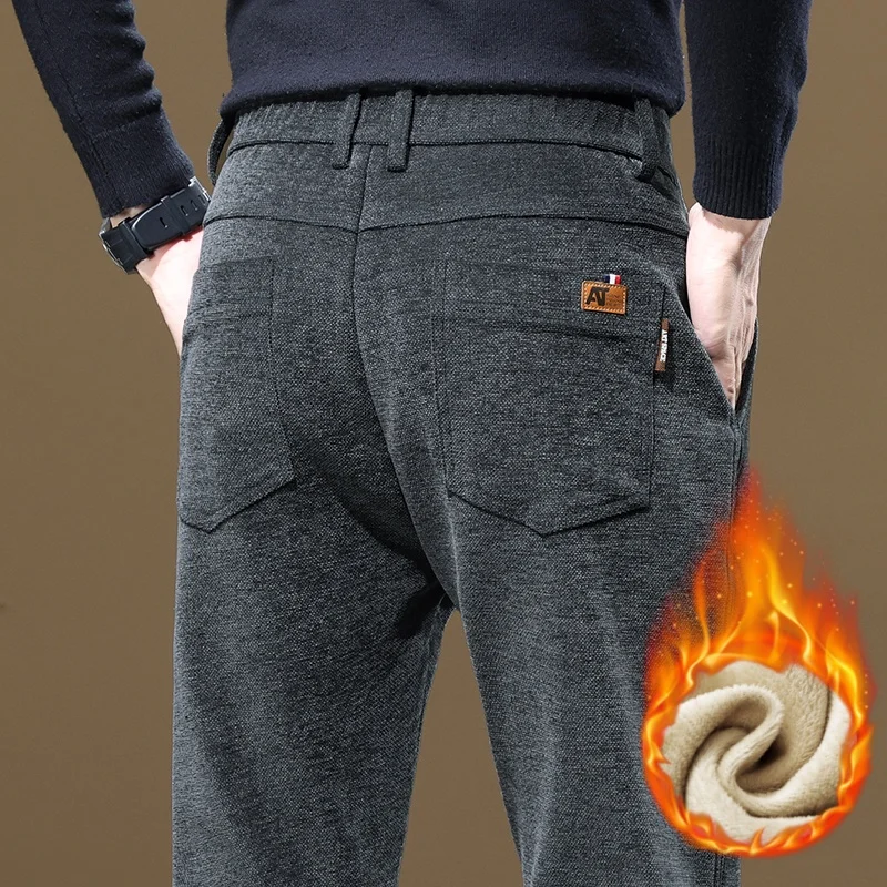 

Winter Men's Lined Fleece Warm Casual Pants Comfortable Chenille Wool Thick Business Gray Pants Straight Fit Work Pants