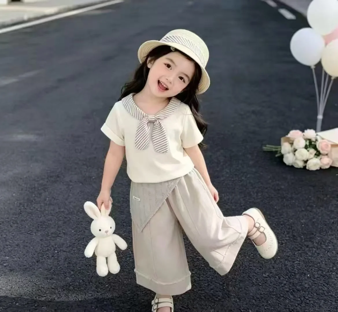 Summer Baby Girls Clothing Sets 2PCS Bow Gray Princess Tshirts Top+Loose Pants Skirts Suit Kids Fashion Kids Sets Outfit