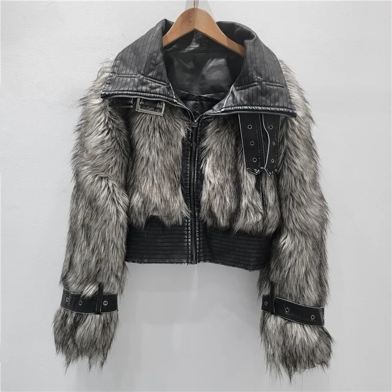 WTHT 신상 트렌디 여성용 플러시 스플라이스 PU 가죽 인조 모피 재킷 2025 겨울 라펠 긴 소매 벨트 디자인 코트 여성용 1LS2694