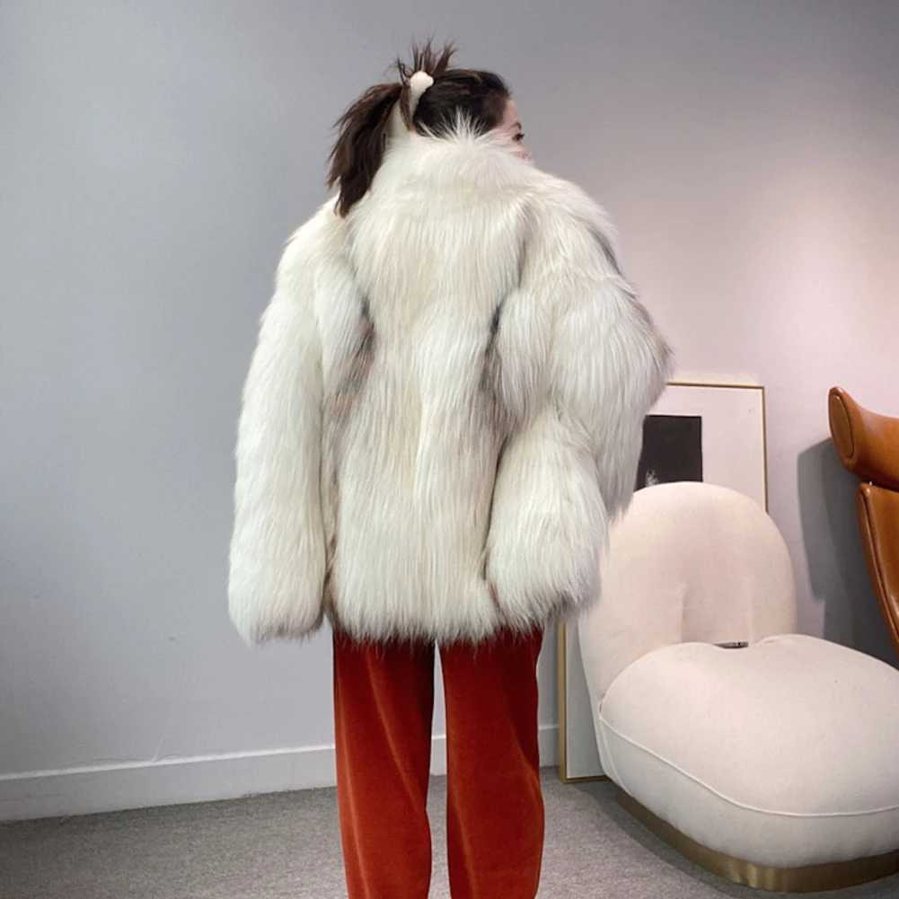 Denny&Dora Women's Fox Fur Coat Genuine With Big Lapel Collar Fur Jacket Mid-Length