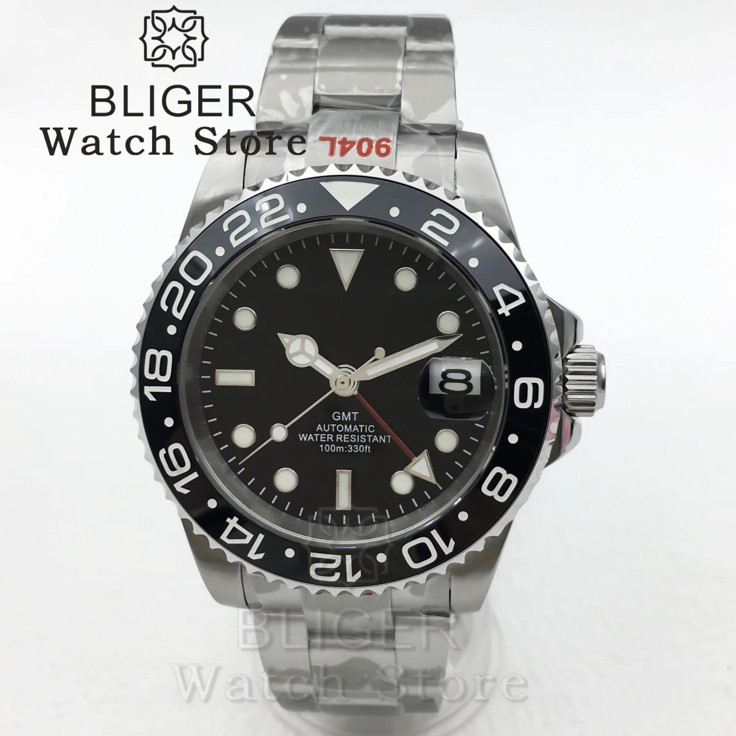 ساعة غواص BLIGER 40 ملم NH34 GMT للرجال إطار سيراميك أسود زجاج الياقوت أحمر أزرق أبيض أخضر GMT نص ويد مقاومة للماء