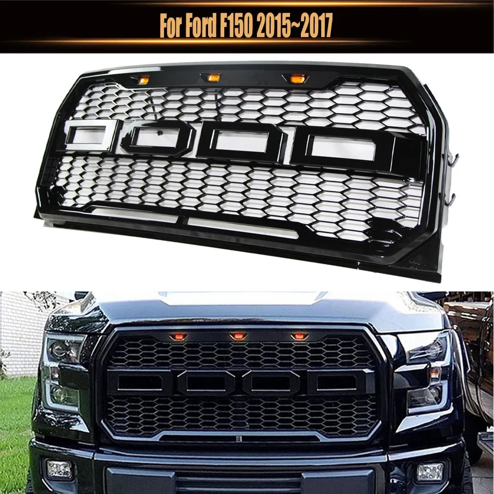 

For Ford F150 2015~2017 Front Racing Grills Mesh With LED Light Modified Accessories Raptor Style Front Bumper Grille Fit