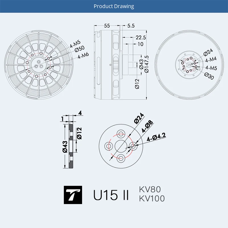 U15II T-MOTOR KV100/KV80 36KG Thrust Motor UAV Propeller Heavy Lift Drone,,Flame 200A ESC,Flame 180A ESC G40x13.1 Prop optional