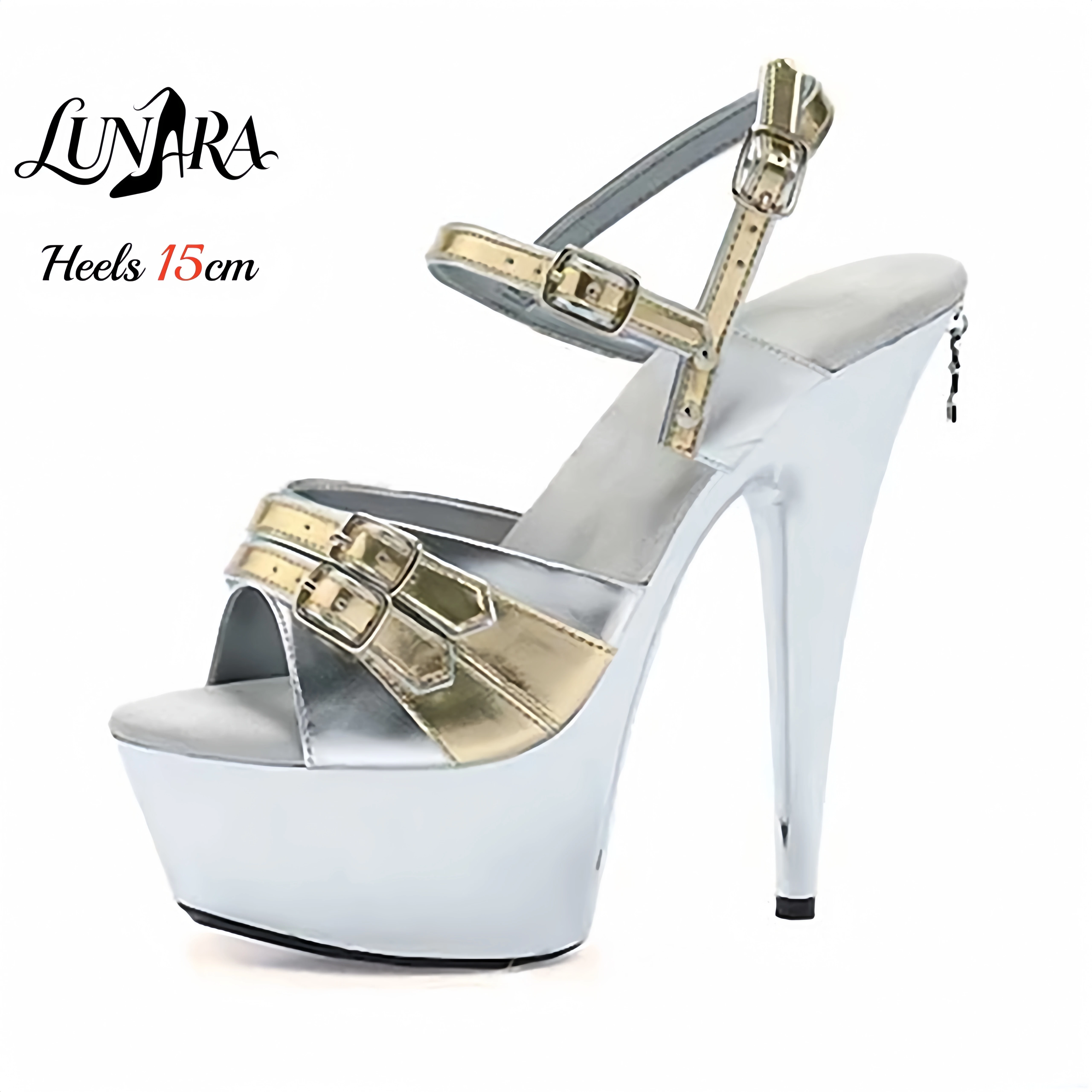 15cm/6Inch Silver Metallic Gold Buckle Ankle Strap Open toe Platform High Heel Sandals Exotic Stripper Pole dance Club Rave