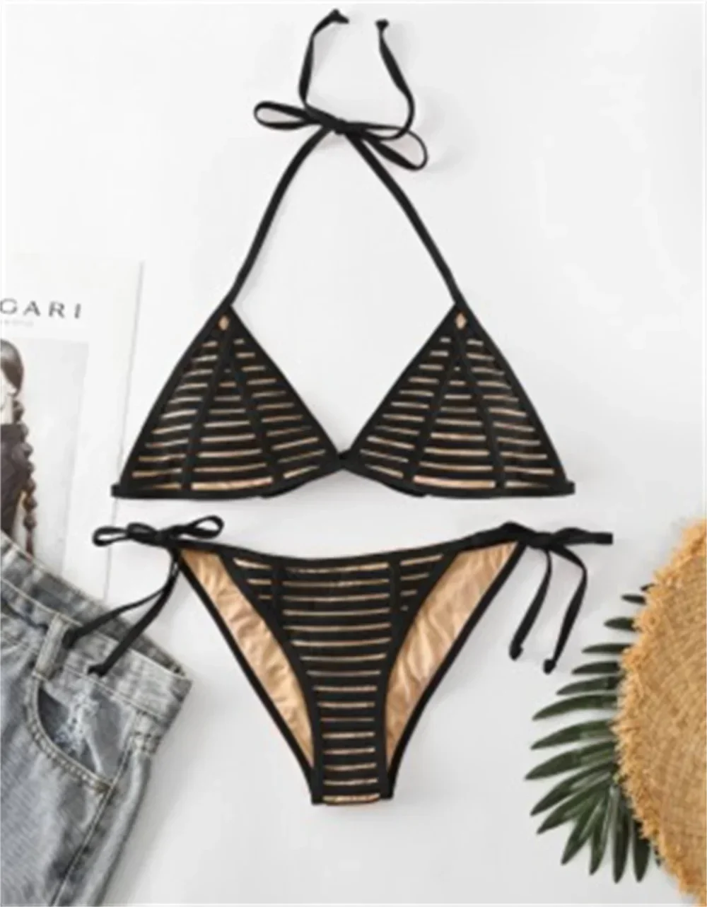 Costume da bagno nero sexy micro bikini a triangolo costume da bagno punk halter string donna tendenza due pezzi costume da bagno perizoma da spiaggia set bikini