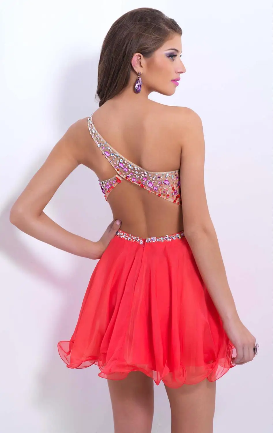 One Shoulder Luxury Beaded Crystal Women Short A Line Evening Dresses Watermelon Formal Party Prom Gowns Vestido De Fiesta