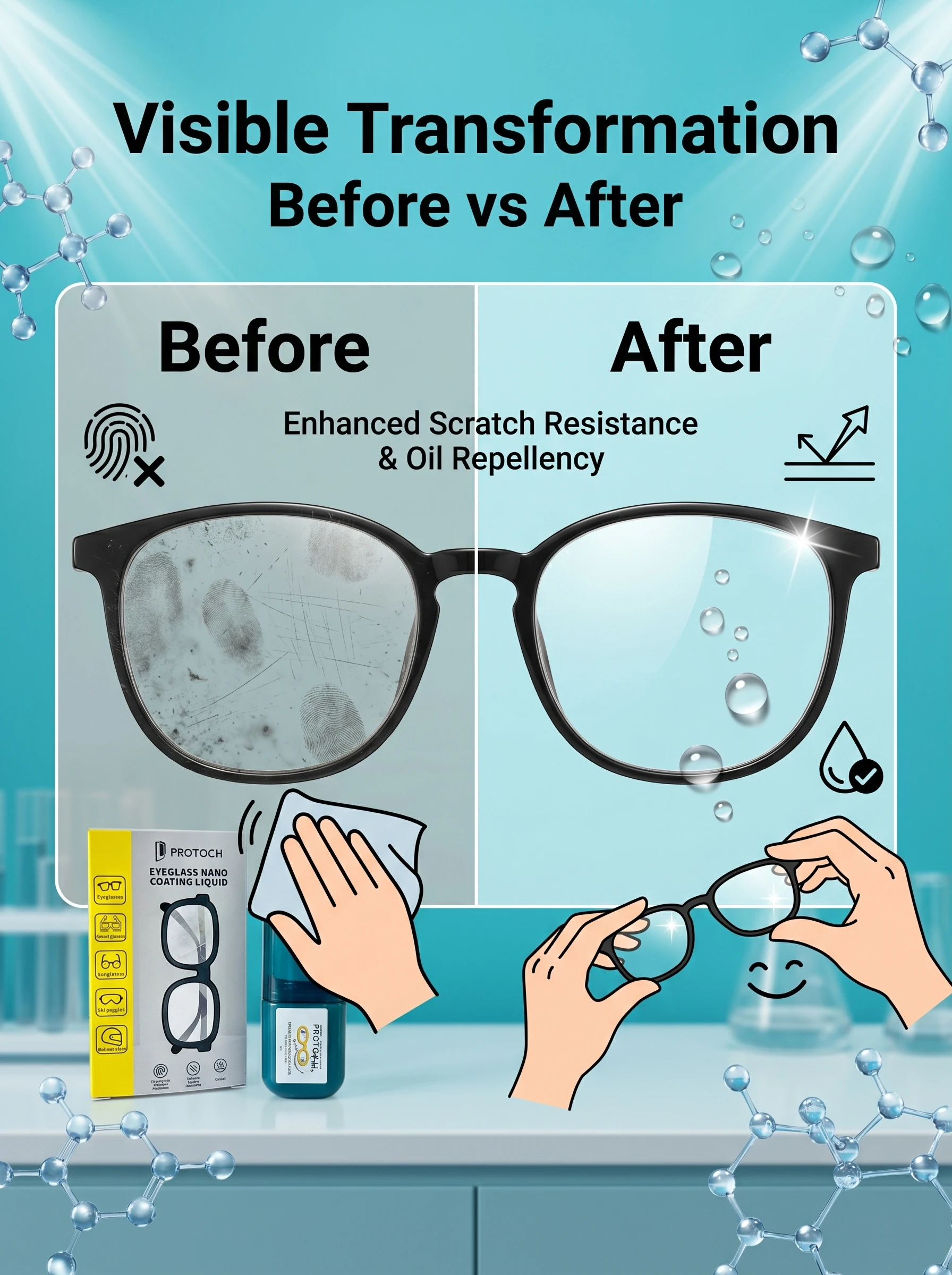 2in1 Eyeglass Cleaning+ Nano Coating Liquid Restore HD Clarity Shatter and Scratch Resistance Anti Fingerprint for Glasses