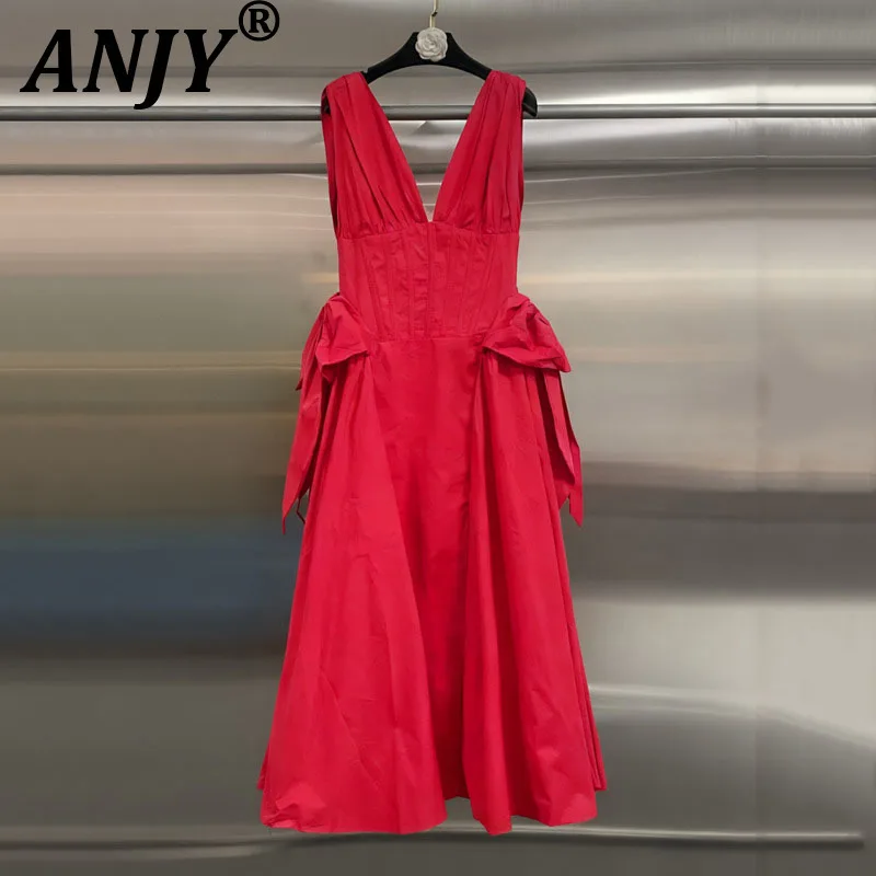ANJY 2026 Spring Summer New Women Fashion High-End Versatile Dress V-neck Sleeveless Chic Ins Unique Waist Design Dresses A18916