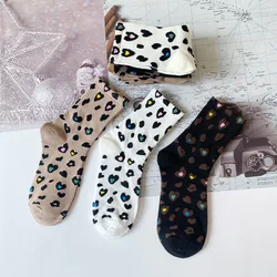 3 pairs of warm and fashionable trendy women's socks with love leopard print, cute mid length socks, sweet autumn and winter