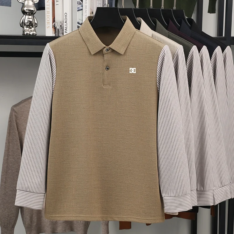 Herbst Neues Herren-Polohemd mit Kontrastfarben-Print, Falsches Zweiteiler-Design, Weiches Langarm-T-Shirt für den Alltag, Lässige Herrenbekleidung – Detail 7