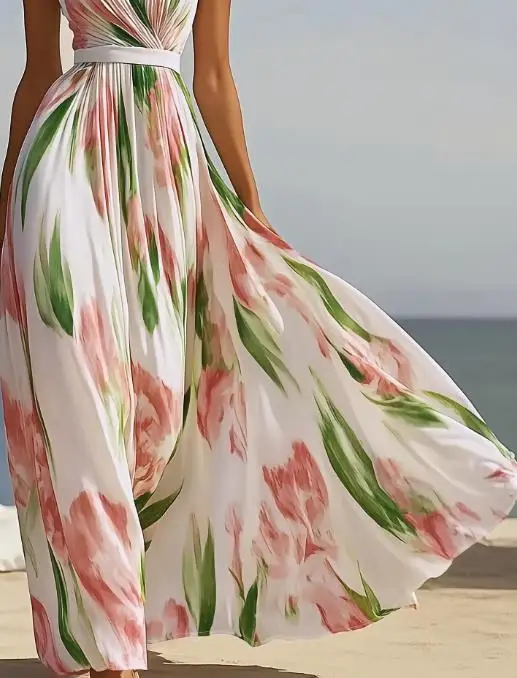 Robe d'été romantique et Sexy pour bord de mer, tempérament de vacances, imprimé, col en v, dos nu, taille haute, robe trapèze élégante, nouvelle collection